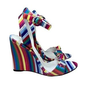 NWT Alexandre Birman Clarita Wedge Multicolor Sandals 39.5 / 8.5 Rainbow Stripes
